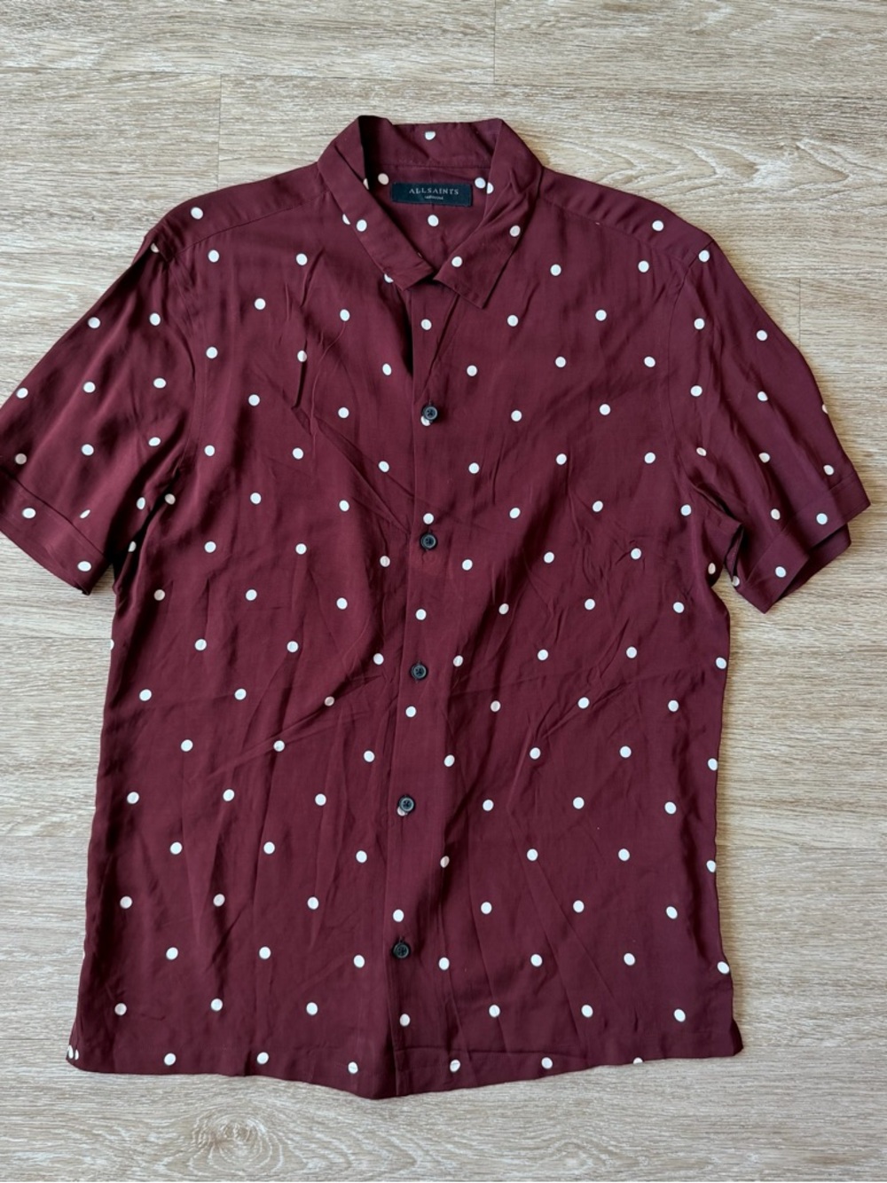 All Saints Men's Burgundy Polka Dot Short Sleeve Shirt